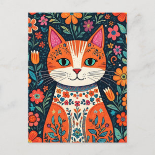 Whimsical Folk Art Kat en Bloemen Briefkaart