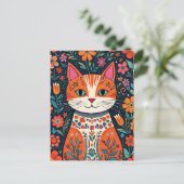 Whimsical Folk Art Kat en Bloemen Briefkaart (Staand voorkant)