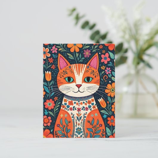 Whimsical Folk Art Kat en Bloemen Briefkaart (Staand voorkant)