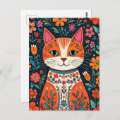 Whimsical Folk Art Kat en Bloemen Briefkaart (Voorkant / Achterkant)