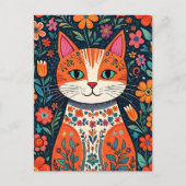 Whimsical Folk Art Kat en Bloemen Briefkaart (Voorkant)