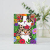 Whimsical Folk Art Kat en Bloemen Briefkaart (Staand voorkant)