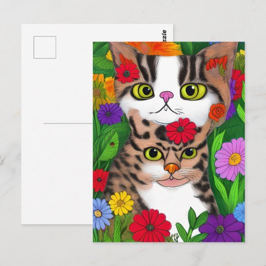 Whimsical Folk Art Kat en Bloemen Briefkaart (Voorkant / Achterkant)