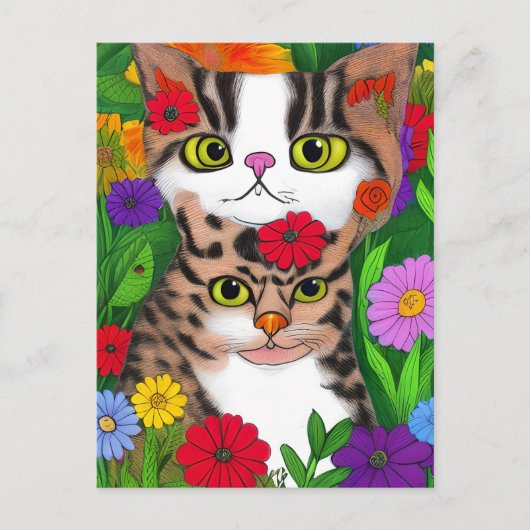 Whimsical Folk Art Kat en Bloemen Briefkaart (Voorkant)