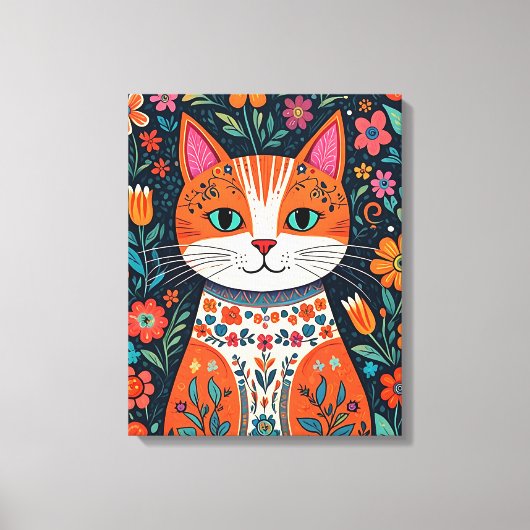 Whimsical Folk Art Kat en Bloemen Canvas Afdruk (Voorkant)