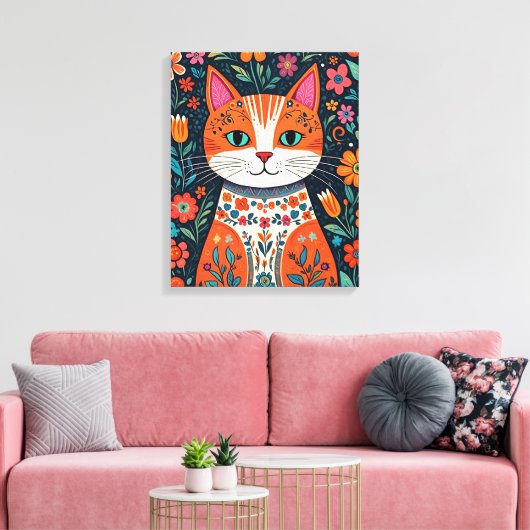 Whimsical Folk Art Kat en Bloemen Canvas Afdruk (Insitu (Woonkamer))