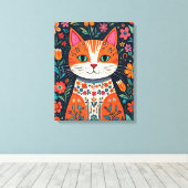 Whimsical Folk Art Kat en Bloemen Canvas Afdruk (Insitu (Houten vloer))