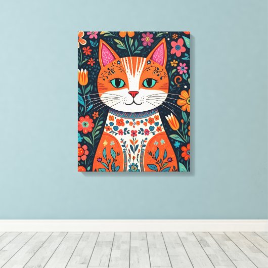 Whimsical Folk Art Kat en Bloemen Canvas Afdruk (Insitu (Houten vloer))