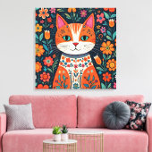 Whimsical Folk Art Kat en Bloemen Canvas Afdruk (Insitu (Woonkamer))
