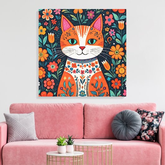 Whimsical Folk Art Kat en Bloemen Canvas Afdruk (Insitu (Woonkamer))