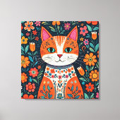 Whimsical Folk Art Kat en Bloemen Canvas Afdruk (Voorkant)