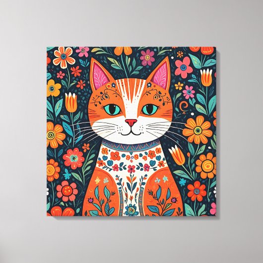 Whimsical Folk Art Kat en Bloemen Canvas Afdruk (Voorkant)