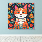 Whimsical Folk Art Kat en Bloemen Canvas Afdruk (Insitu (Houten vloer))