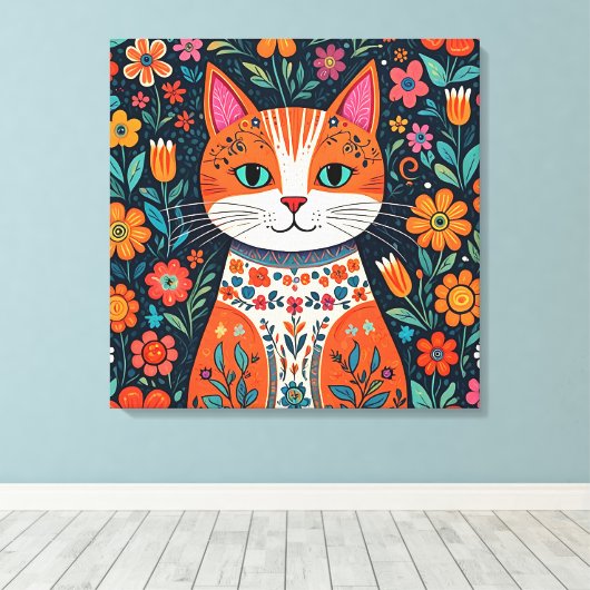 Whimsical Folk Art Kat en Bloemen Canvas Afdruk (Insitu (Houten vloer))