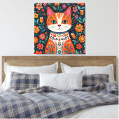 Whimsical Folk Art Kat en Bloemen Canvas Afdruk (Insitu (Slaapkamer))