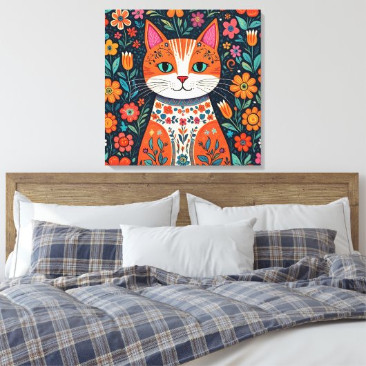 Whimsical Folk Art Kat en Bloemen Canvas Afdruk (Insitu (Slaapkamer))