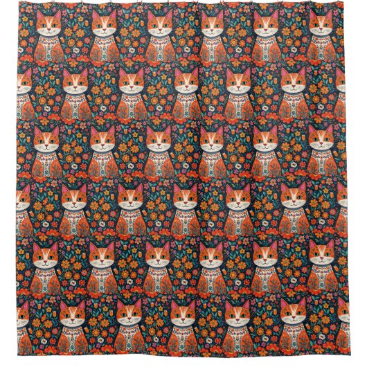 Whimsical Folk Art Kat en Bloemen Douchegordijn (Voorkant)