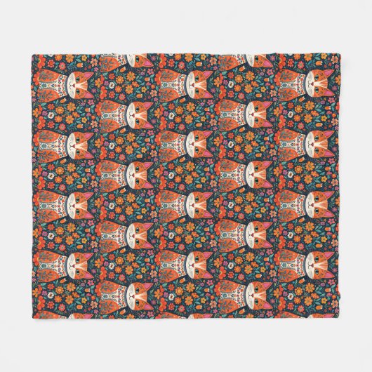 Whimsical Folk Art Kat en Bloemen Fleece Deken (Voorkant (Horizontaal))