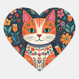 Whimsical Folk Art Kat en Bloemen Hart Sticker