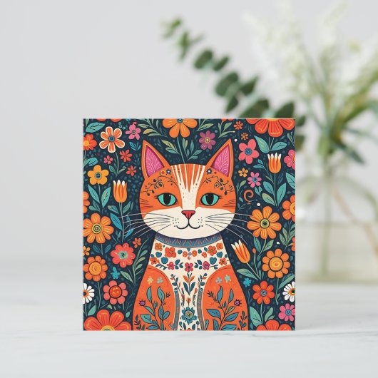 Whimsical Folk Art Kat en Bloemen Kaart (Staand voorkant)