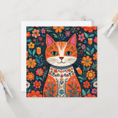 Whimsical Folk Art Kat en Bloemen Kaart (Voorkant / Achterkant in situ)
