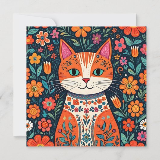 Whimsical Folk Art Kat en Bloemen Kaart (Voorkant)