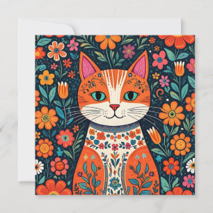 Whimsical Folk Art Kat en Bloemen Kaart