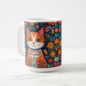 Whimsical Folk Art Kat en Bloemen Koffiemok (Voorkant links)