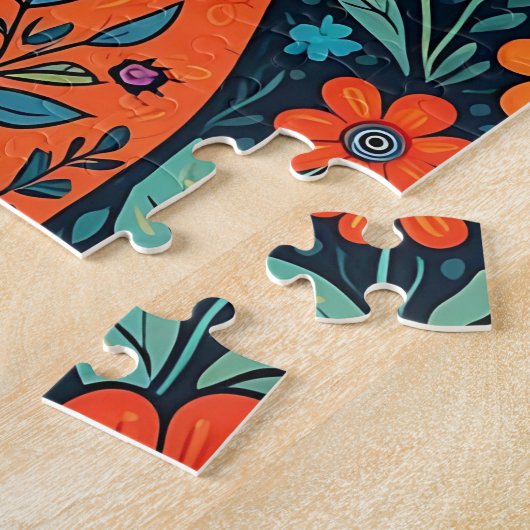 Whimsical Folk Art Kat en Bloemen Legpuzzel (Zijkant)