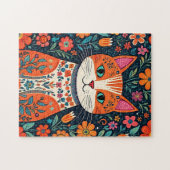 Whimsical Folk Art Kat en Bloemen Legpuzzel (Horizontaal)