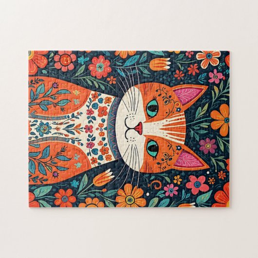 Whimsical Folk Art Kat en Bloemen Legpuzzel (Horizontaal)