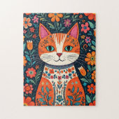 Whimsical Folk Art Kat en Bloemen Legpuzzel (Verticaal)