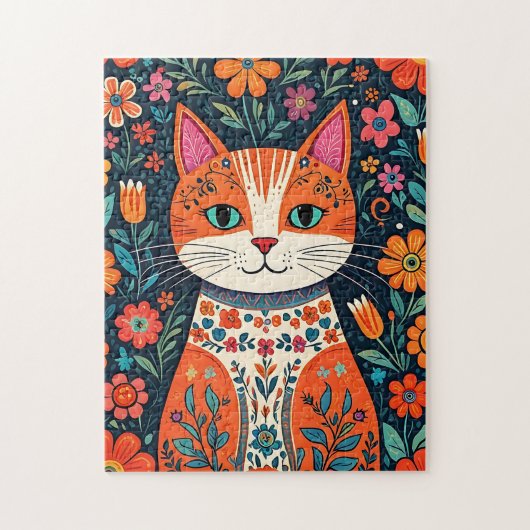 Whimsical Folk Art Kat en Bloemen Legpuzzel (Verticaal)