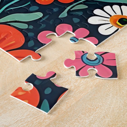 Whimsical Folk Art Kat en Bloemen Legpuzzel (Zijkant)