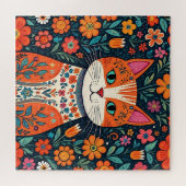 Whimsical Folk Art Kat en Bloemen Legpuzzel (Horizontaal)