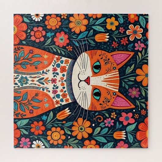 Whimsical Folk Art Kat en Bloemen Legpuzzel (Horizontaal)