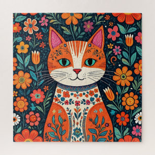 Whimsical Folk Art Kat en Bloemen Legpuzzel