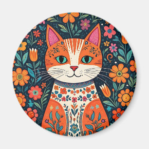 Whimsical Folk Art Kat en Bloemen Magneet