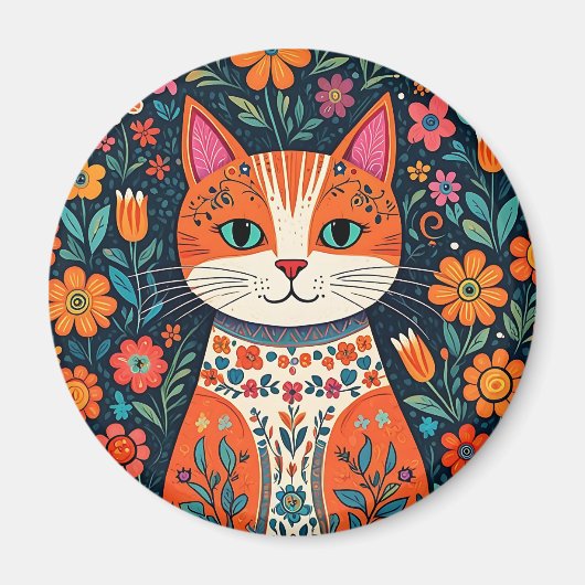 Whimsical Folk Art Kat en Bloemen Magneet (Voorkant)