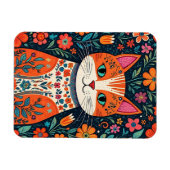 Whimsical Folk Art Kat en Bloemen Magneet (Horizontaal)