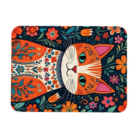 Whimsical Folk Art Kat en Bloemen Magneet (Horizontaal)