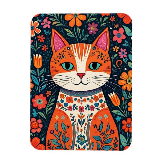 Whimsical Folk Art Kat en Bloemen Magneet (Verticaal)