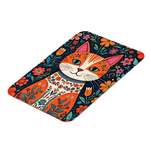 Whimsical Folk Art Kat en Bloemen Magneet (Linkerzijde)