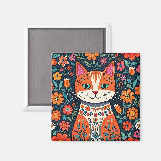 Whimsical Folk Art Kat en Bloemen Magneet (Voorkant / Achterkant)