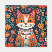 Whimsical Folk Art Kat en Bloemen Magneet (Voorkant)