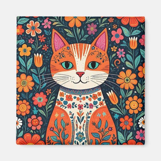 Whimsical Folk Art Kat en Bloemen Magneet (Voorkant)