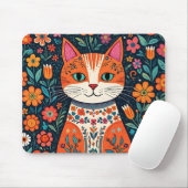 Whimsical Folk Art Kat en Bloemen Muismat (Met muis)