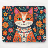 Whimsical Folk Art Kat en Bloemen Muismat (Voorkant)
