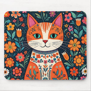 Whimsical Folk Art Kat en Bloemen Muismat