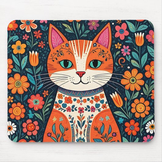 Whimsical Folk Art Kat en Bloemen Muismat (Voorkant)